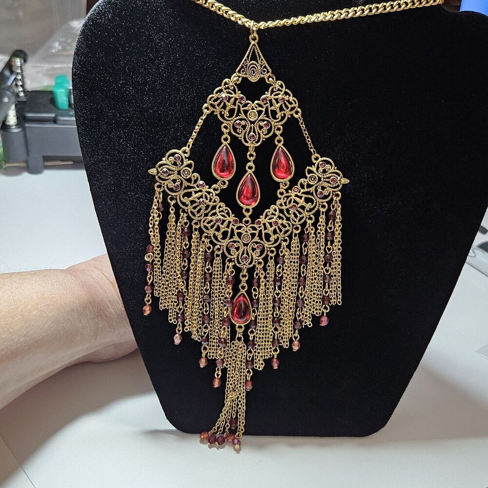 Gold Tone Statement Pendant Necklace With Red Rhinestones 37" Total
